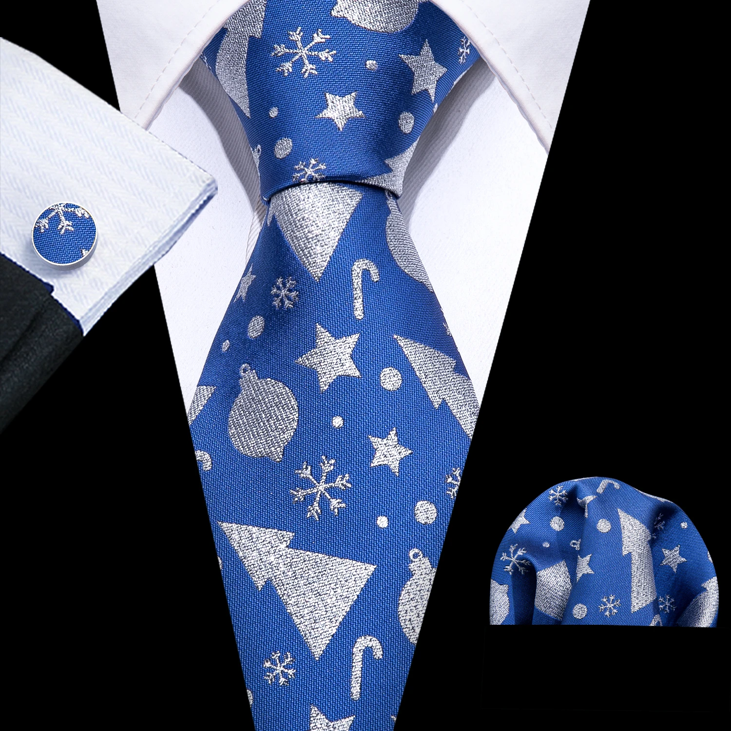 

New 3PC Blue Christmas Mens Tie 8.5cm Silk Snow Cartoon Neckties Business Handkerchief Cufflink Tie Gift Set Barry.Wang FA-5384