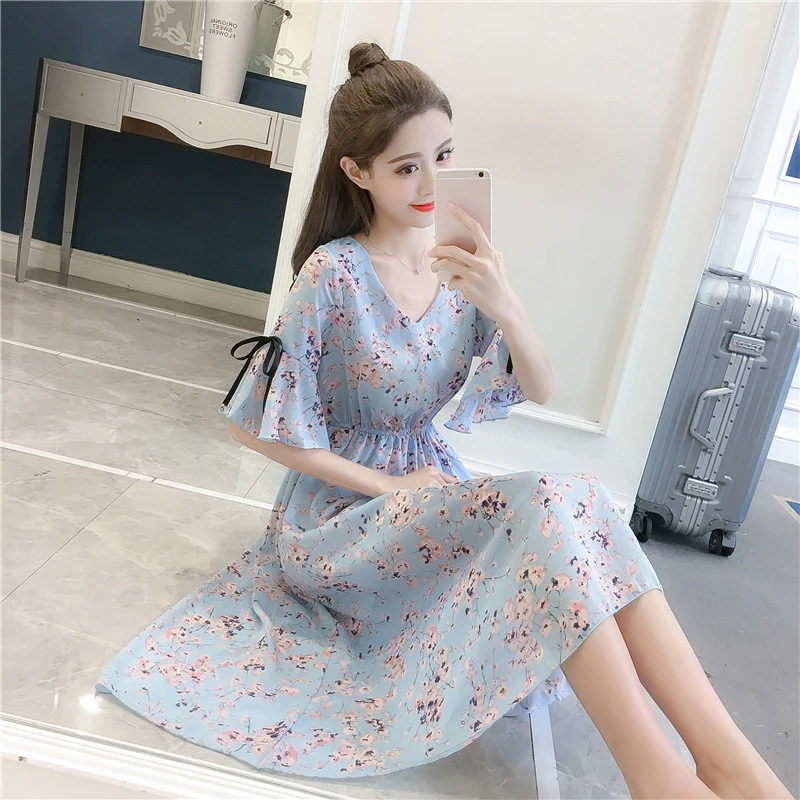 Летнее шифоновое женское платье с принтом Kawaii, до середины икры, с расклешенными рукавами, с v-образным вырезом, офисное винтажное вечернее платье, vestidos, милая одежда