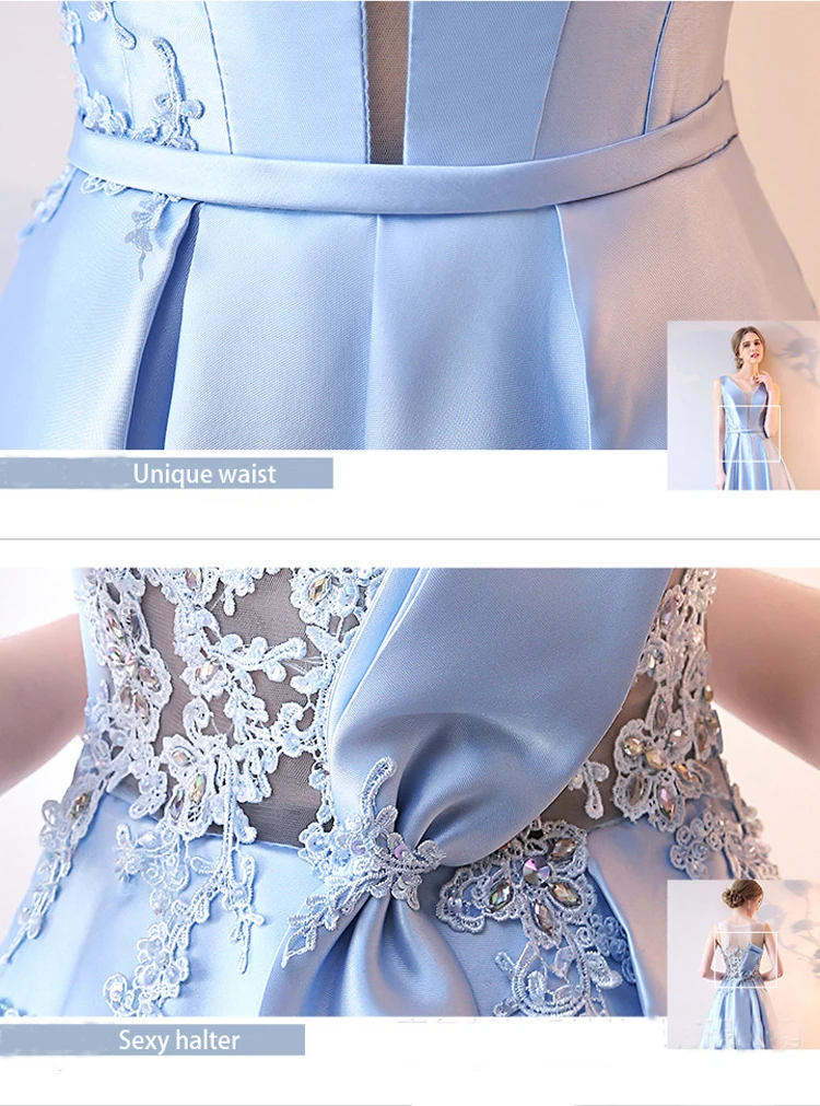 

Long Evening Dress Sky Blue Lace Sleeveless V-Neck Backless Sexy Formal Fashion Women Prom Gown Dresses Robe De Soiree Vestidos