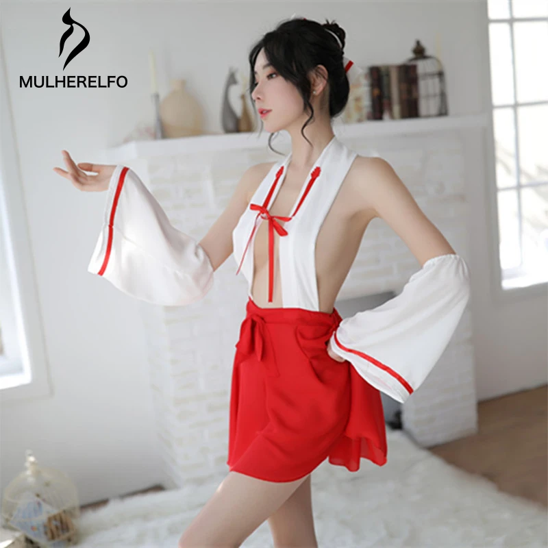 

Erotic Woman Japanese Kimono Uniform Cosplay Kawaii Costume Halter Sexy Backless High Waist Dress Sleeve Hairwear 4PCS Uniforms