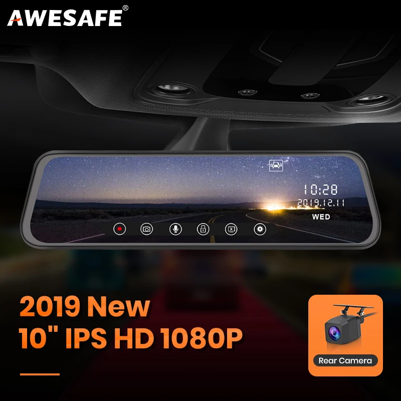 AWESAFE IPS 10 &quotFull Touch Screen Mirror Dash Cam 1080P Stream Media Car DVR рекордер с зеркалом заднего вида