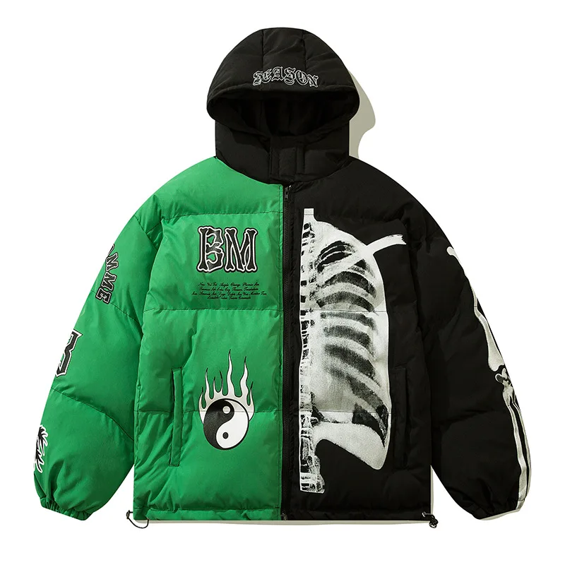 Mens Winter Parka Jacket Yin Yang Skeleton Print Streetwear Outwear Harajuku Padded Jacket Hooded Loose Warm Coat Unisex 2022
