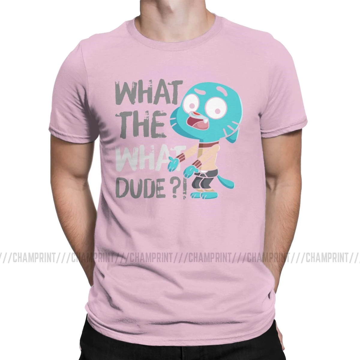 Men T-Shirt What The What Dude Creative Pure Cotton Tees Short Sleeve The Amazing World of Gumball T Shirt O Neck Tops Gift - Цвет: Розовый