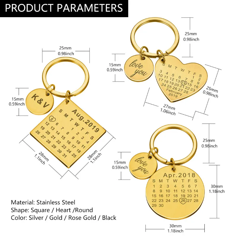 

Personalized Calendar Keychain Custom Stainless Steel Keyring Anniversary Wedding Valentine Gift for Women Men Boyfriend Husband