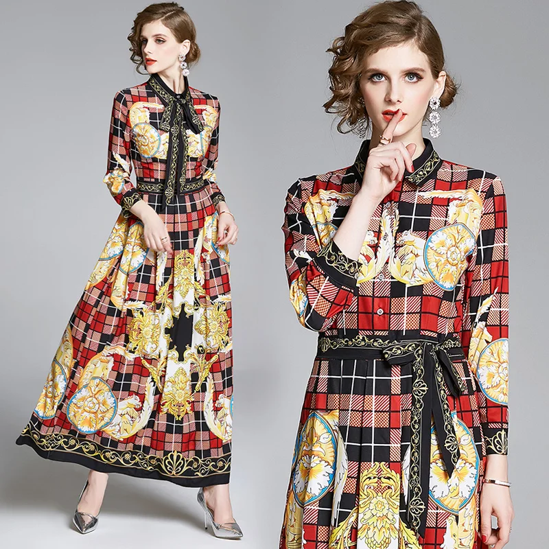 

Designer Plaid Prints Long Sleeve Shirt Dress Chinese Fashion Bow Belt Tunic Party Office Lady Vintage Ruched A Line Maxi Dress