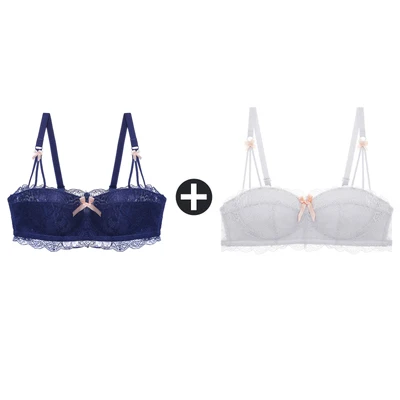 Blue And Grey Top 2 шт., бюстгальтеры для женщин, маленькая грудь, беспроводной бюстгальтер, кружевной бесшовный бюстгальтер с эффектом пуш-ап и трусики, набор, половина чашки, сексуальные трусы, нижнее белье - Цвет: Blue And Grey Top