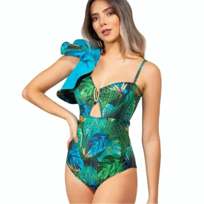 Сексуальный слитный купальник на одно плечо с большими оборками цветочным