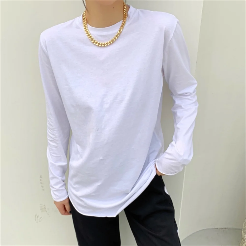 

Harajuku Cotton White T-Shirts Full Sleeve Loose Bottom OL Lady Mid-Length Tops Women Solid Casual Autumn All Match