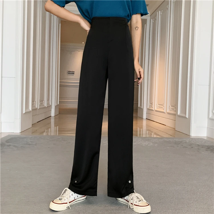 

moda feminina Women's Clothing solid straight pockets elastic waist high waist pants loose casual style full length black