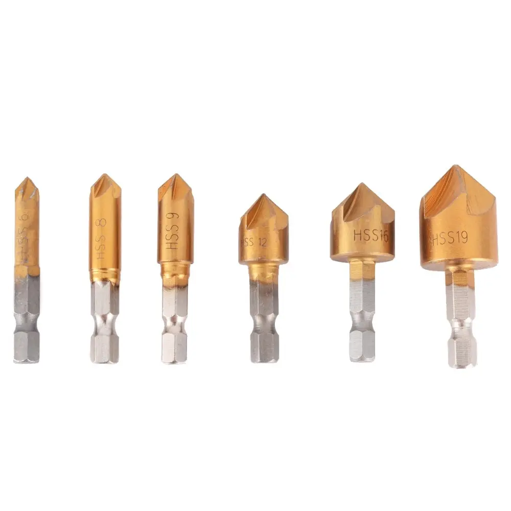 

Набор сверл для зенковки, 6 шт., 5 канавков, высокоскоростной стальной резак для отверстий, винтовое сверло для отверстий, 90 градусов, 1/4 "счетчик, инструмент для фаски