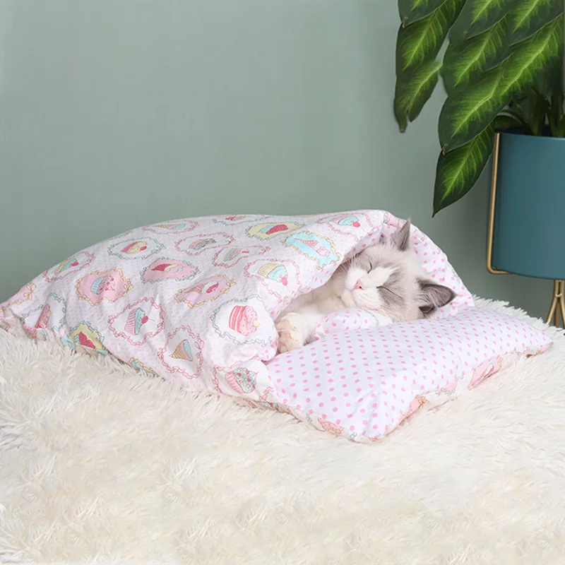 

Warm Cat Bed Removable Pet Sleeping Bag With Pillow Pet Deep Sleep Bed for Cats Winter Kitten Nest House Cushion Cat Accessories
