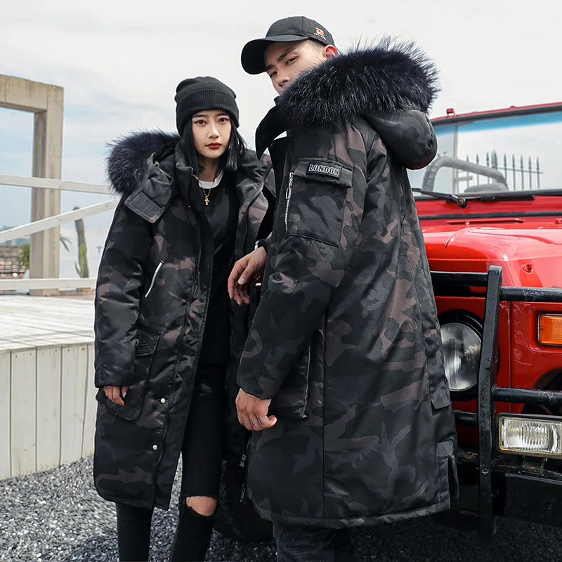 Down jacket for men's mid - length hooded and large - collar couples down jacket for cool fashion warm coat