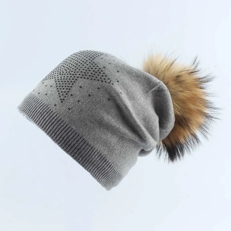 2019 зимняя женская шапка с натуральным мехом помпонами теплая шерстяная вязаная