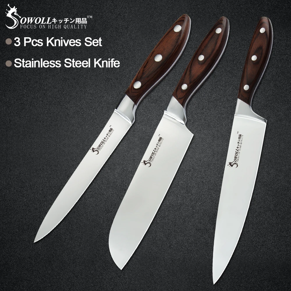 Sowoll 3pcs Chef Knife Set Stainless Steel 7cr17 Sharp Blade Bend Handle Color Wood 7'' Santoku 5'' Utility Knife Cooking Tools