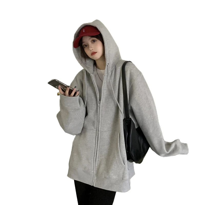 

2021 New Spring Autumn Thin Loose Women Sweatshirts Oversized Gray Zipper Female Hoodies Solid Color Stylish Jackets Streetwear
