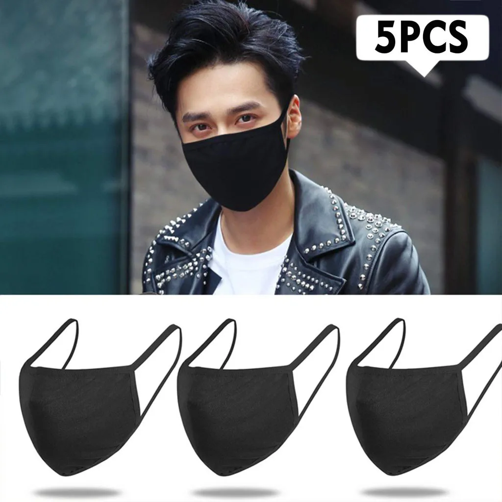 

5pcs Unisex Black Cotton Mask Mouth-muffle Washable Reusable Protective Facemask Breathable Fabric Masks Mouth Cover