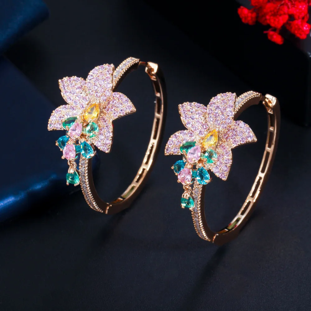 

Heavy Industry Exaggerated Personality Colorful Zircon Drop Earrings Fashion Flower Circle Temperament Earrings