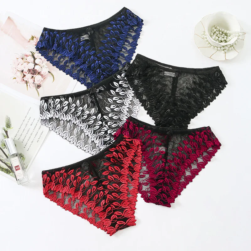 

Sexy Women's Briefs Cotton Underwear Medium Waist Lace Underwear Perspective Flower Underwear Soft Comfortable And Breathable