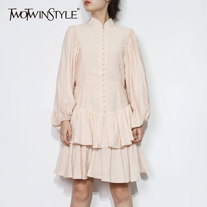 

TWOTWINSTYLE Black Patchwork Ruffle Dress For Women V Neck Lantern Long Sleeve High Waist Mini Dresses Female Fashion New 2021