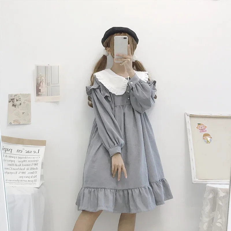 Осенне-зимнее Повседневное платье в стиле Лолиты Kawaii, новое японское милое ретро платье с кукольным воротником, свободное плиссированное платье с длинными рукавами