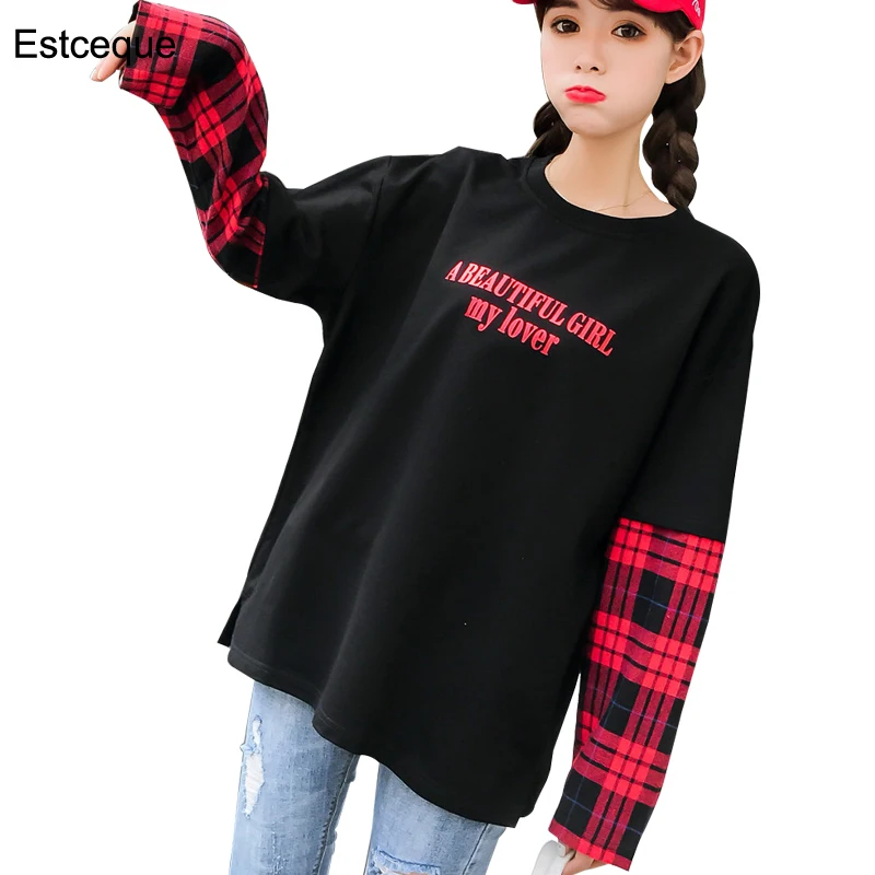 

Женская футболка с круглым вырезом, в клетку, с длинным рукавом