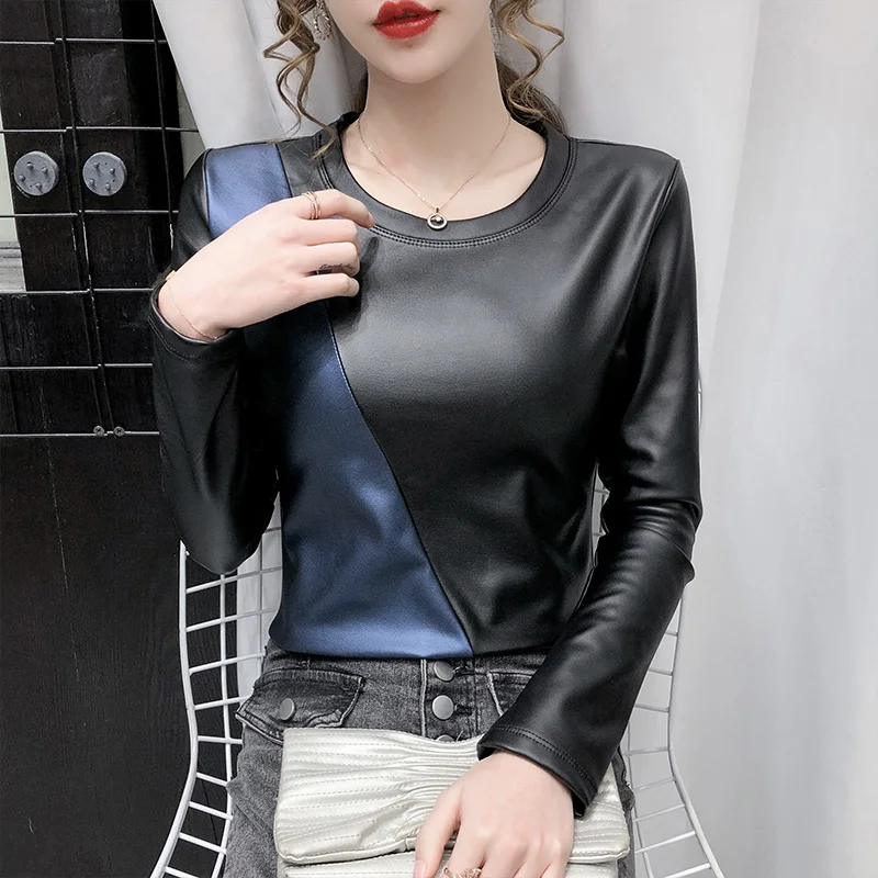 Winter Women's Blouse Leather Tops for Women Patchwork Plus Size 4XL PU Leather Shirt Women Elastic Warm Velvet Top Women Shirts