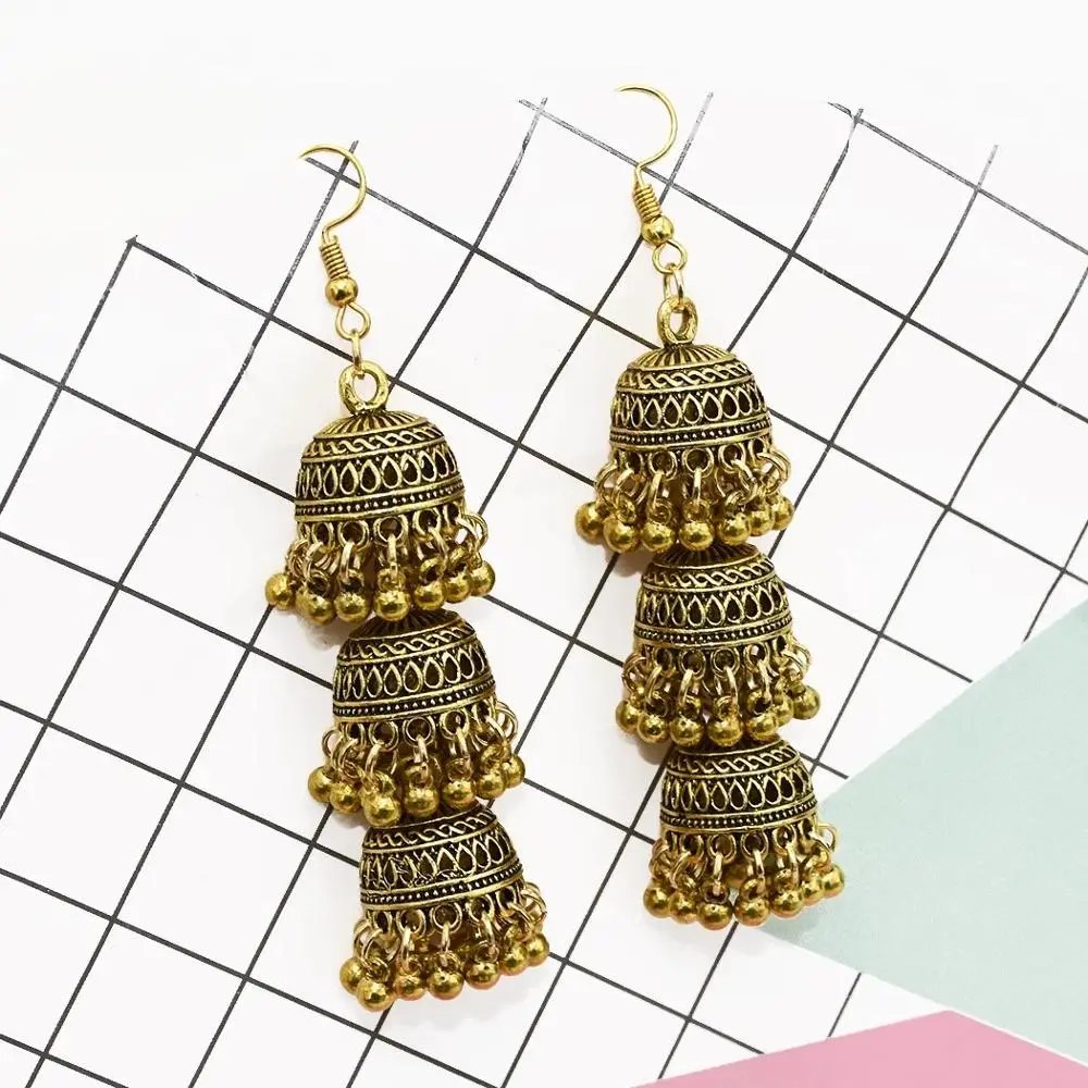 

3 Layers Gold Sliver Metal Birdcage Bell Tassel Long Dangle Earrings For Women Boho Ethnic Jewelry Bell Jhumka Earrings 2019