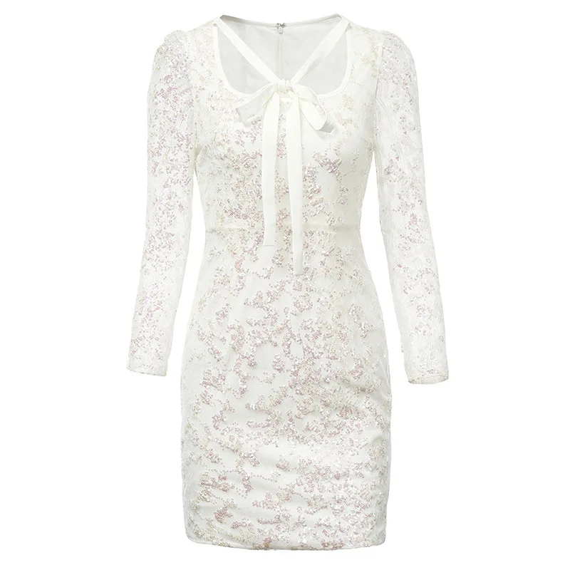 

New 8353 designer brand magic bead patch decoration Square Neck Lace up dress for women