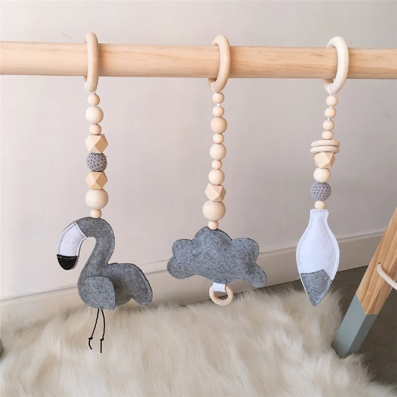 Wooden Beads Nursery Bead Wall Ornaments With Felt Feather Flamingo Tent Hanging Pendant Baby Rattle Stroller Play Gym Toy Decor
