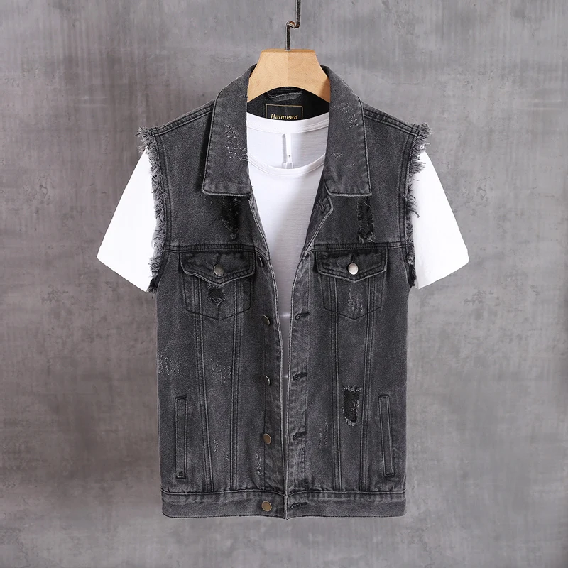 Мужской джинсовый жилет черно-серый рваный без рукавов в стиле хип-хоп