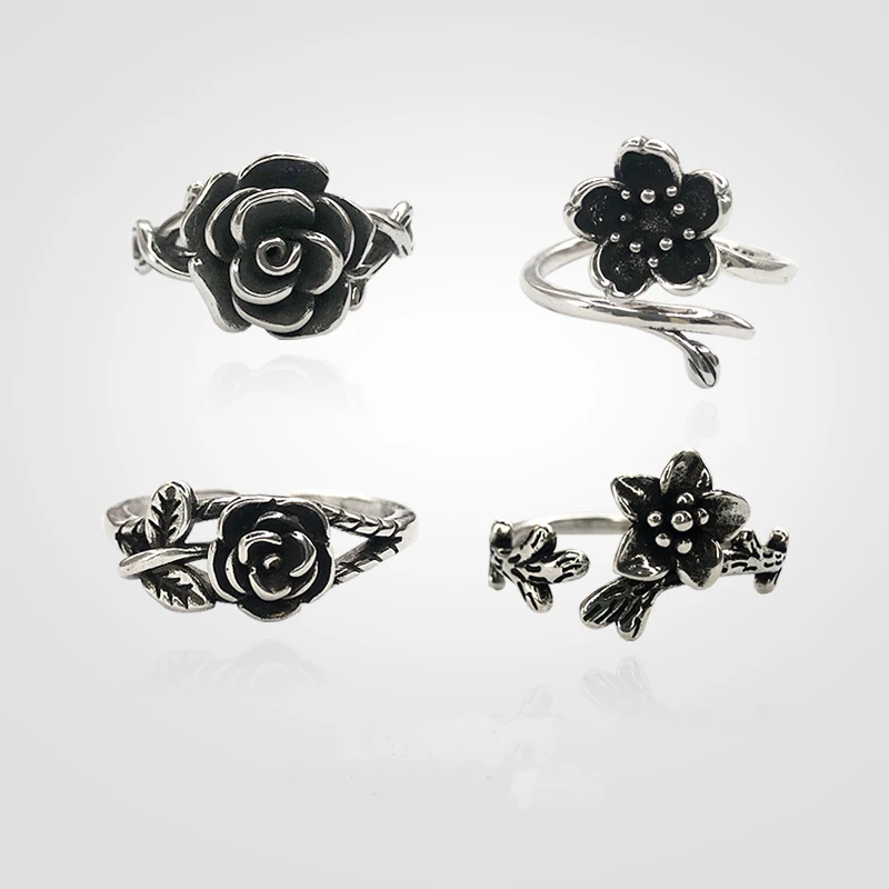 

Retro 925Sterling Silver Black Rose Flower Rings for Women Girls Vintage Not Fade Flower Finger Rings Party Jewelry Gift
