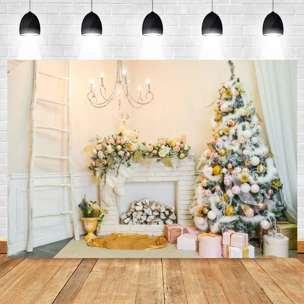 

Christmas Tree Fireplace Ladder Chandelier Interior Backdrop Vinyl Photography Background Photographic Photo Studio Photocal
