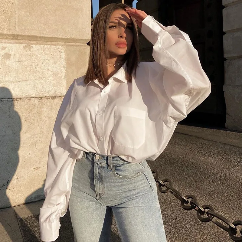 

New solid color women's shirt loose collar top women's casual fashion shirt button up shirt ladies top High Street Long white