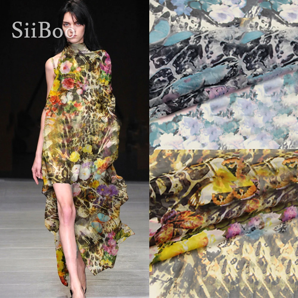 Пасторальная серая желтая Цветочная печать 100% натуральный шелк шифоновая ткань