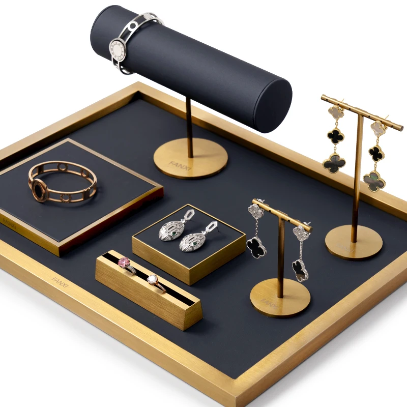 Oirlv Newly Metal Jewelry Display Prop Sets Light Luxury PU Leather Bracelet Ring Earrings Display Rack for Shop Cabinet