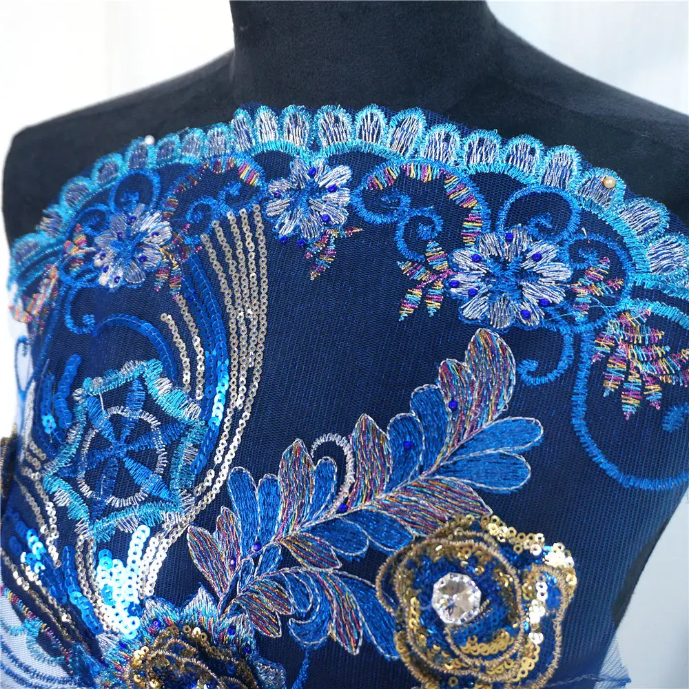130 см Королевский синий Феникс Павлин кружевная ткань Блестки цветок Стразы