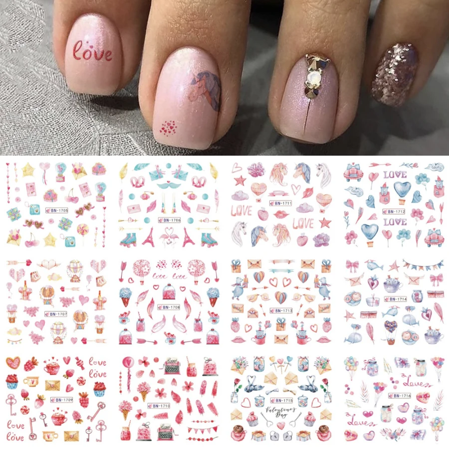 12 Дизайнов абстрактные женские Слайдеры для ногтей маникюра любовь сердце перо