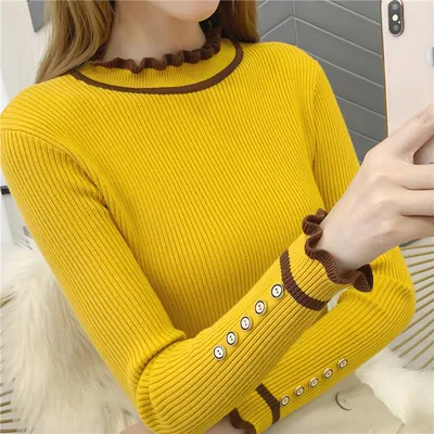 OHCLOTHING5344-женские свитера 2019New Женский пуловер высокая эластичность falbala вязаный кружевной воротник подходит ко всему джемпер - Цвет: yellow
