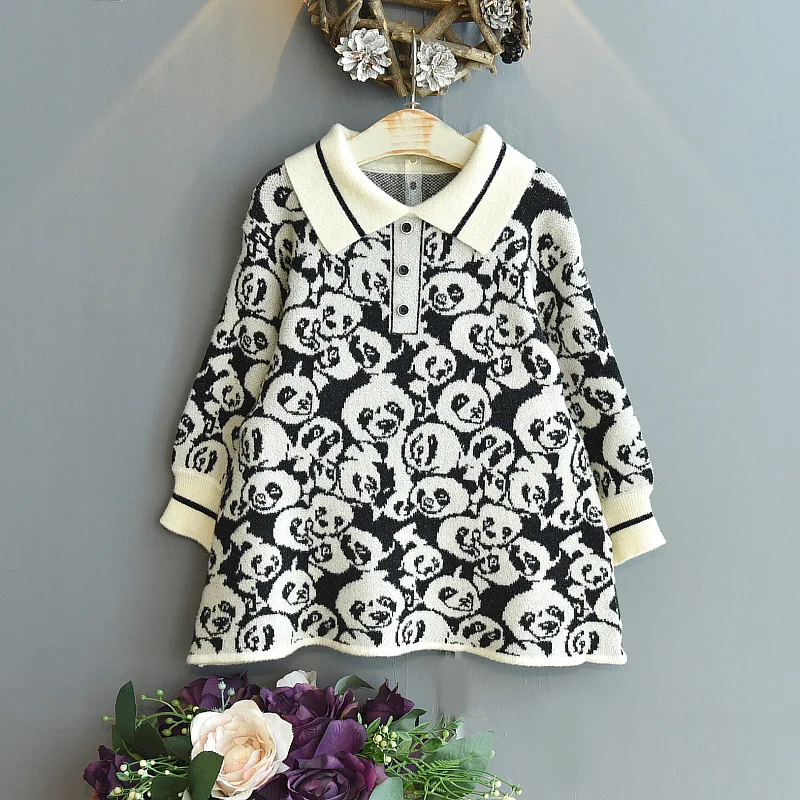 

Autumn winter girls sweater dress 2021 fall new long-sleeved cartoon panda knitted dress toddler girl sweater baby sweater 2-6Y