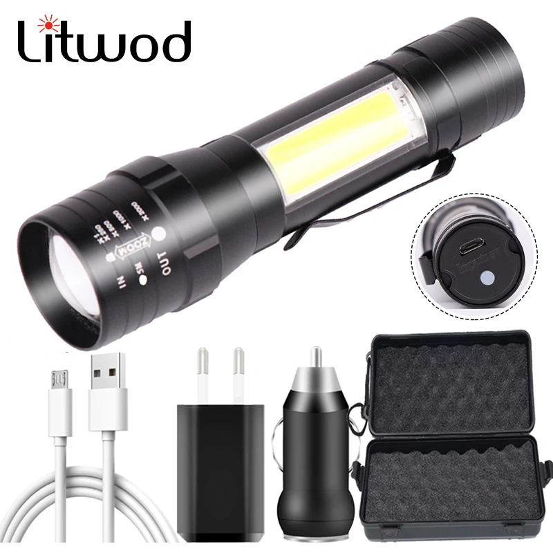 

Z303101 Litwod LED Flashlight CREE XM-L T6 COB Mini Torch Rechargeable Lantern Built-in Battery for Camping Light Aluminum 10W