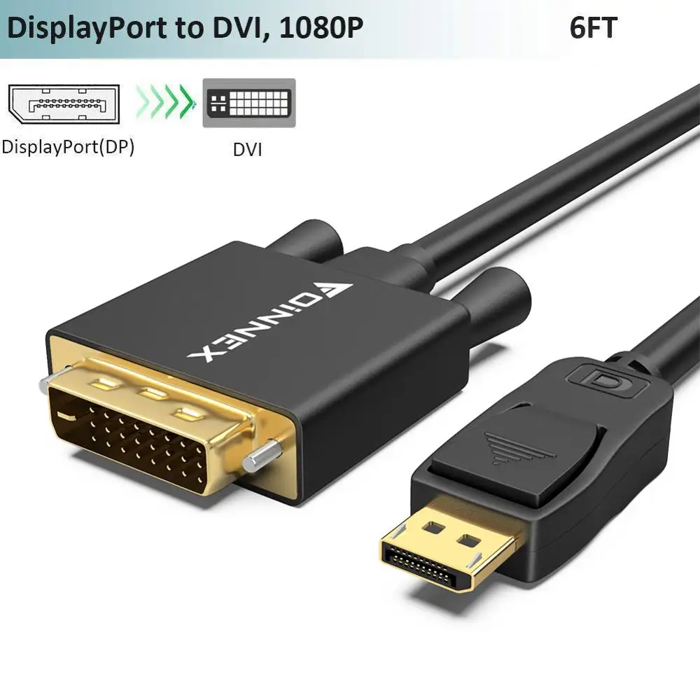 Кабель-адаптер FOINNEX с портом дисплея на DVI, кабель DP на DVI 6 футов, штекер-адаптер с портом дисплея на DVI-выход, видеоконвертер 1080P @ 60 Гц Кабель-адаптер FOINNEX с портом дисплея на DVI, кабель DP на DVI 6 футов, штекер-адаптер с портом дисплея на DVI-выход, видеоконвертер 1080P @ 60 Гц