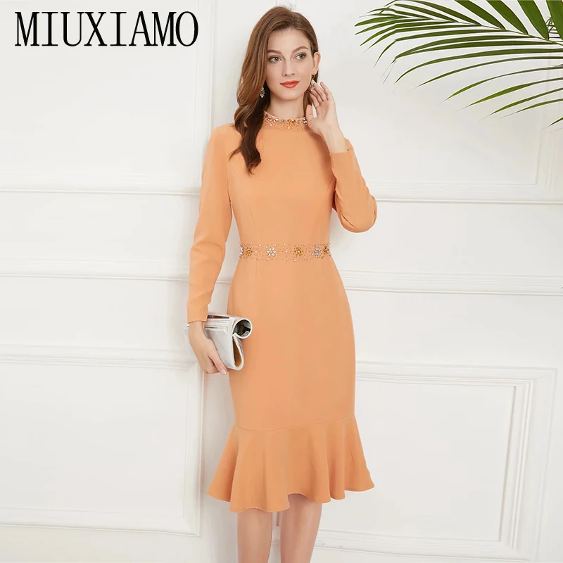 MIUXIMAO 2021 New  Women Dress Stand Collar Long Sleeve Diamonds Slim Dress Fashion Elegant Office Style Mini Dress Vestidos