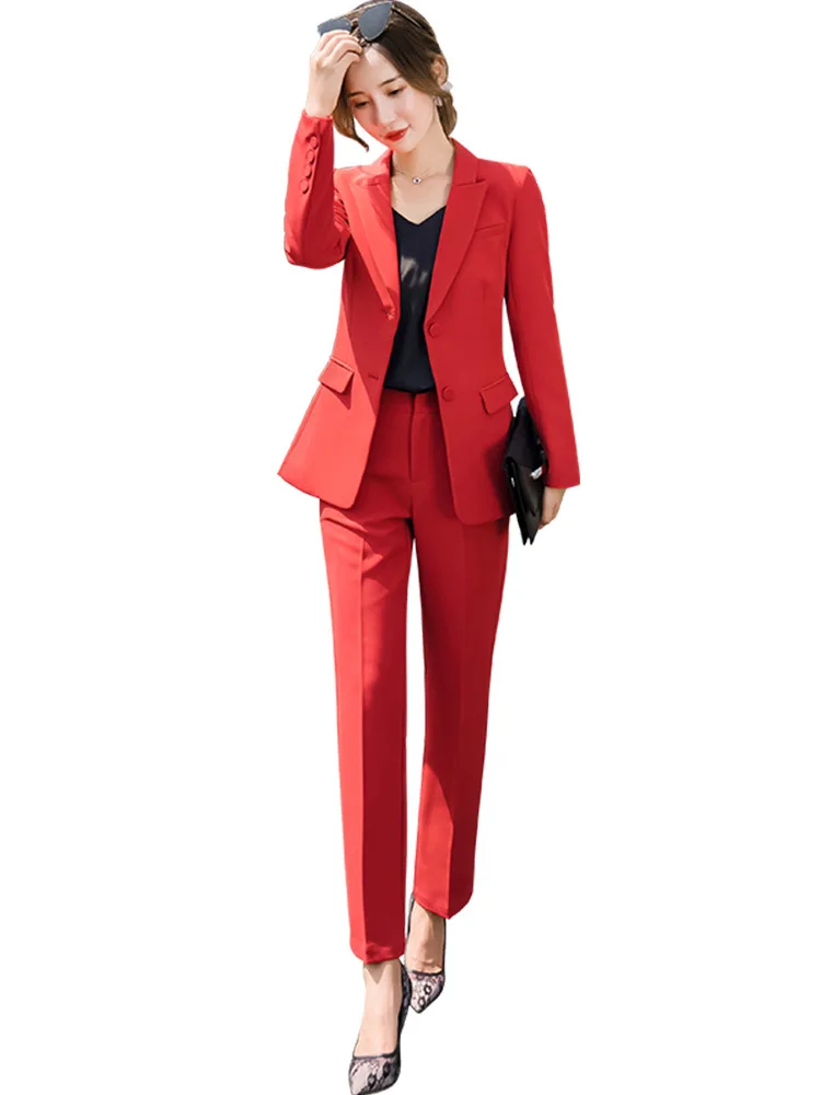 Женский брючный костюм элегантный офисный из двух предметов красный черный с