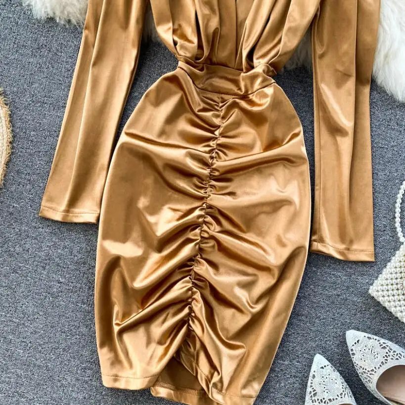 

2021 Spring Autumn Women Party Dress Short Ruched Elegant Female Long Sleeve V-Neck Slim Sexy Bodycon Dress Vestidos JW9914