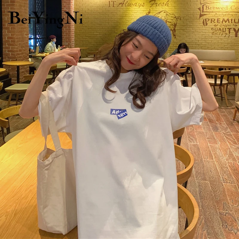 

Футболка Beiyingni женская с буквенным принтом, модный Свободный Повседневный летний топ в стиле оверсайз, простой женский топ в стиле Харадзюк...