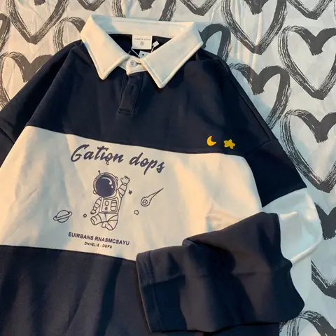Polo Collar Hoodies Sweatshirt Vintage Woman Long Sleeve Letter Print Patchwork Oversized Loose Spring Female Pullover Tops