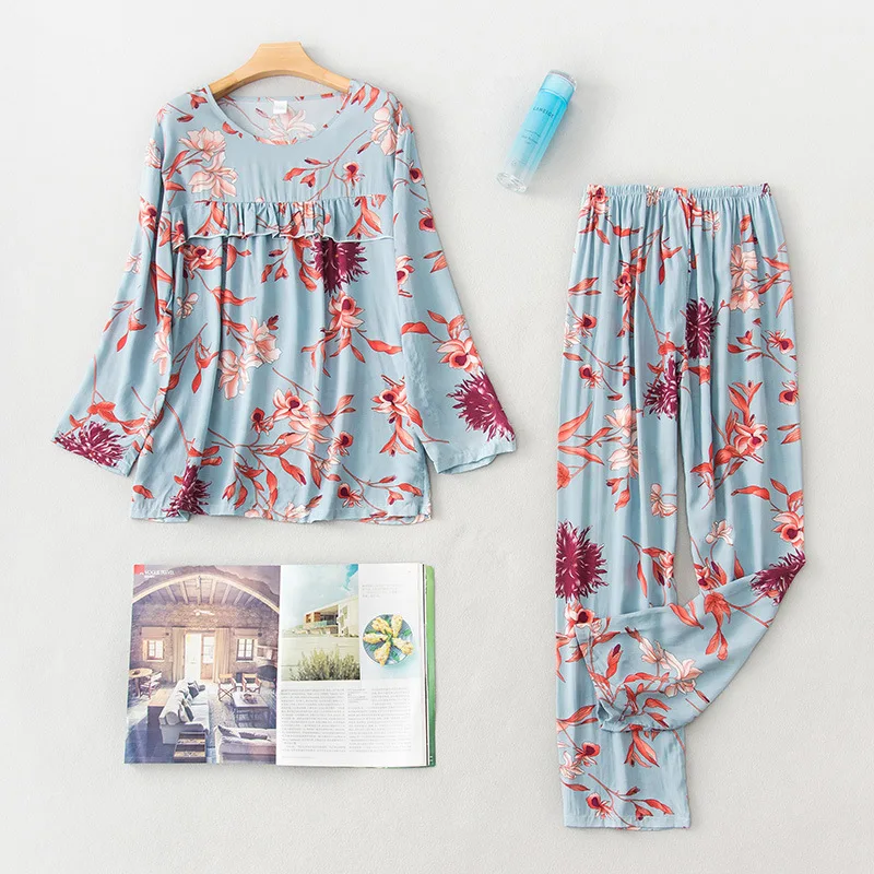 

V-neck Nightwear Spring Summer Cotton Women Pajamas Set 2PCS Sleepwear Long Sleeve Shirt&pant Casual Loose Home Clothes XXL