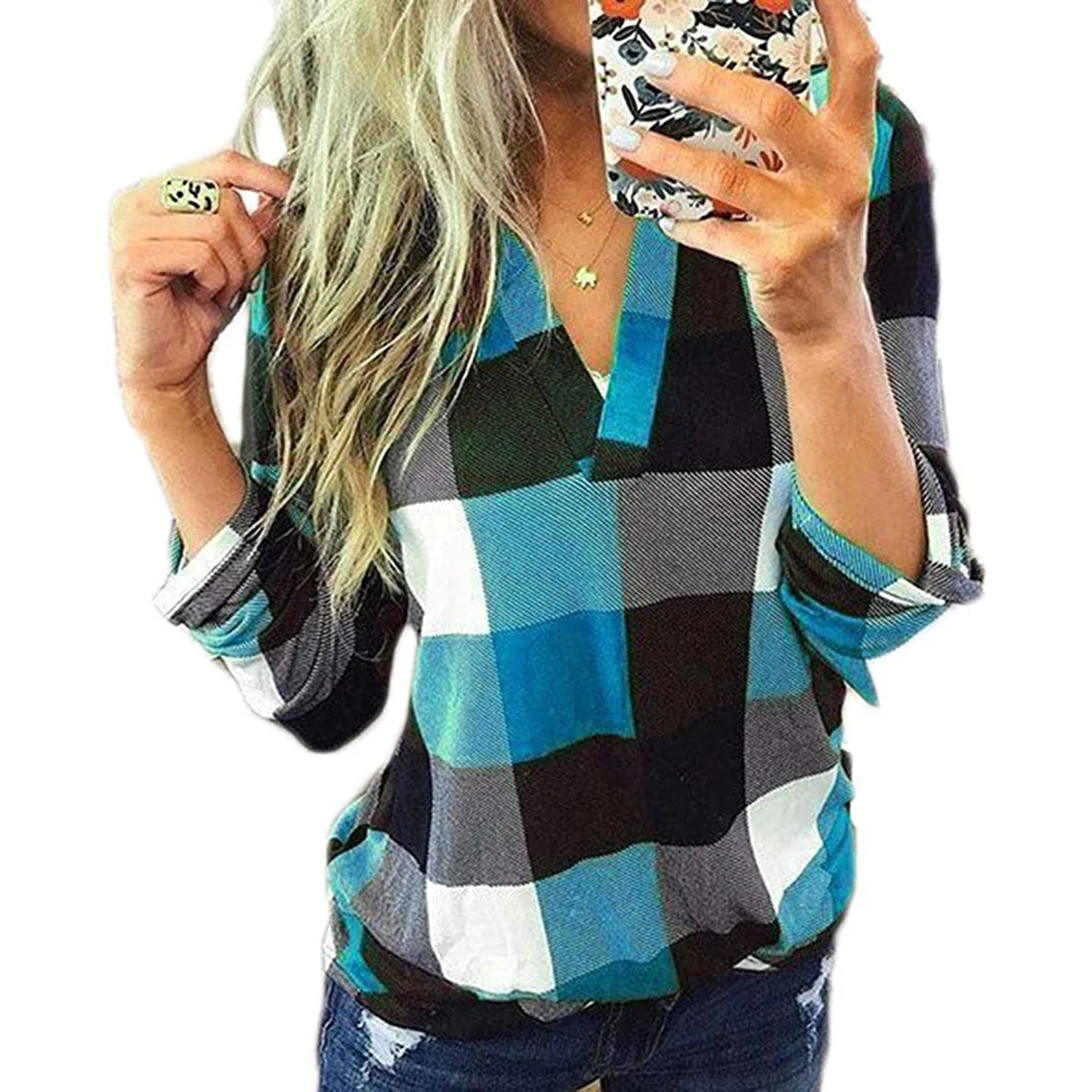 

Women Loose Plaid T-shirt, Long Sleeve V-neck Pullover Autumn Casual Style Clothes