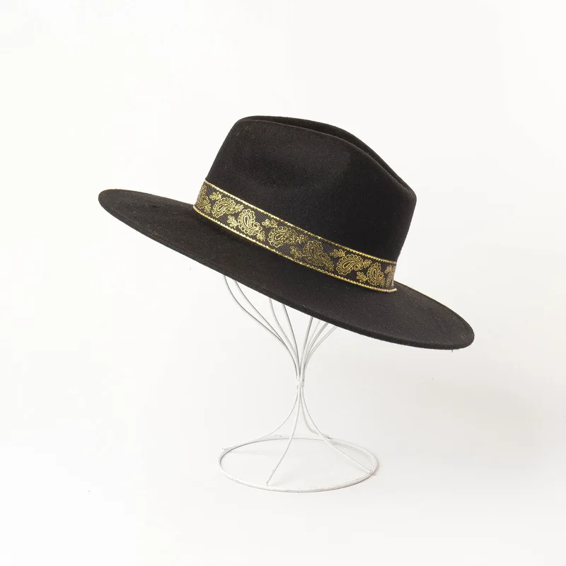 Autumn Winter Fashion wool Embroidery decorative ribbon Wide Jazz Shopping Tourist Style Felt Fedoras Hats for Women Men