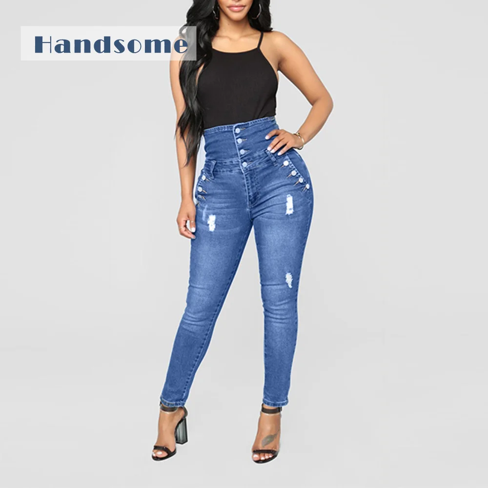 

Women Autumn Elastic Button Jeans High-waisted Breasted Skinny Jeans Plus Loose Hole Denim Casual Small Feet Cropped Jeans #4